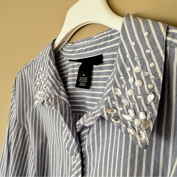 Lane Bryant Size 24 Striped Button Up Shirt Long Sleeve Rhinestone Collar Plus - Picture 7 of 9
